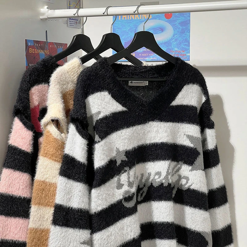 

Vintage Knitted Sweater Harajuku Stripes Star Graffiti Pullover 2021 Autumn Streetwear Sweater Women Cotton Knitwear Y2K Clothes
