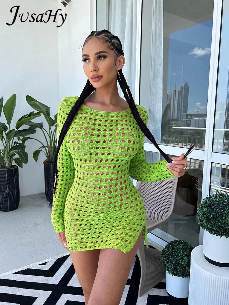 

JusaHy New Dress For Women Solid Knitting Hole Flower Hollow Out Criss-Cross Hole Decoration Sexy&Party High Street Skinny Dress