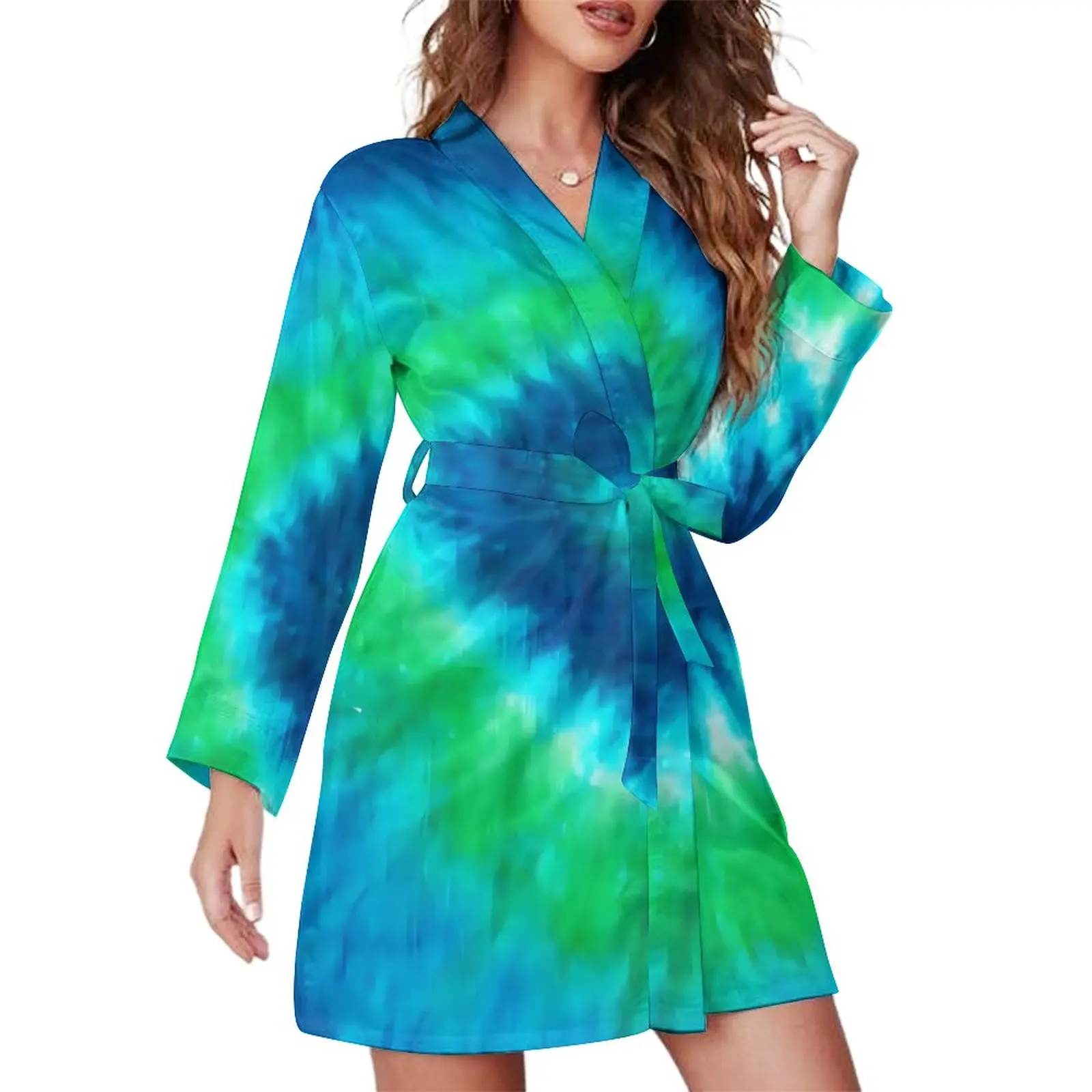 

Пижамный халат с принтом Tie Dye, теплые платья синего и зеленого цветов с V-образным вырезом, женская ночная рубашка с длинным рукавом для спальни, пижамные халаты с узором