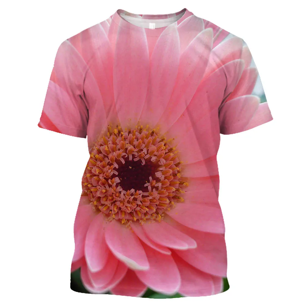 

Summer Refreshing Beautiful Pink Flowers 3d Printed Pattern Men'S And Women'S Short Simple Style O Collar Top Jumper