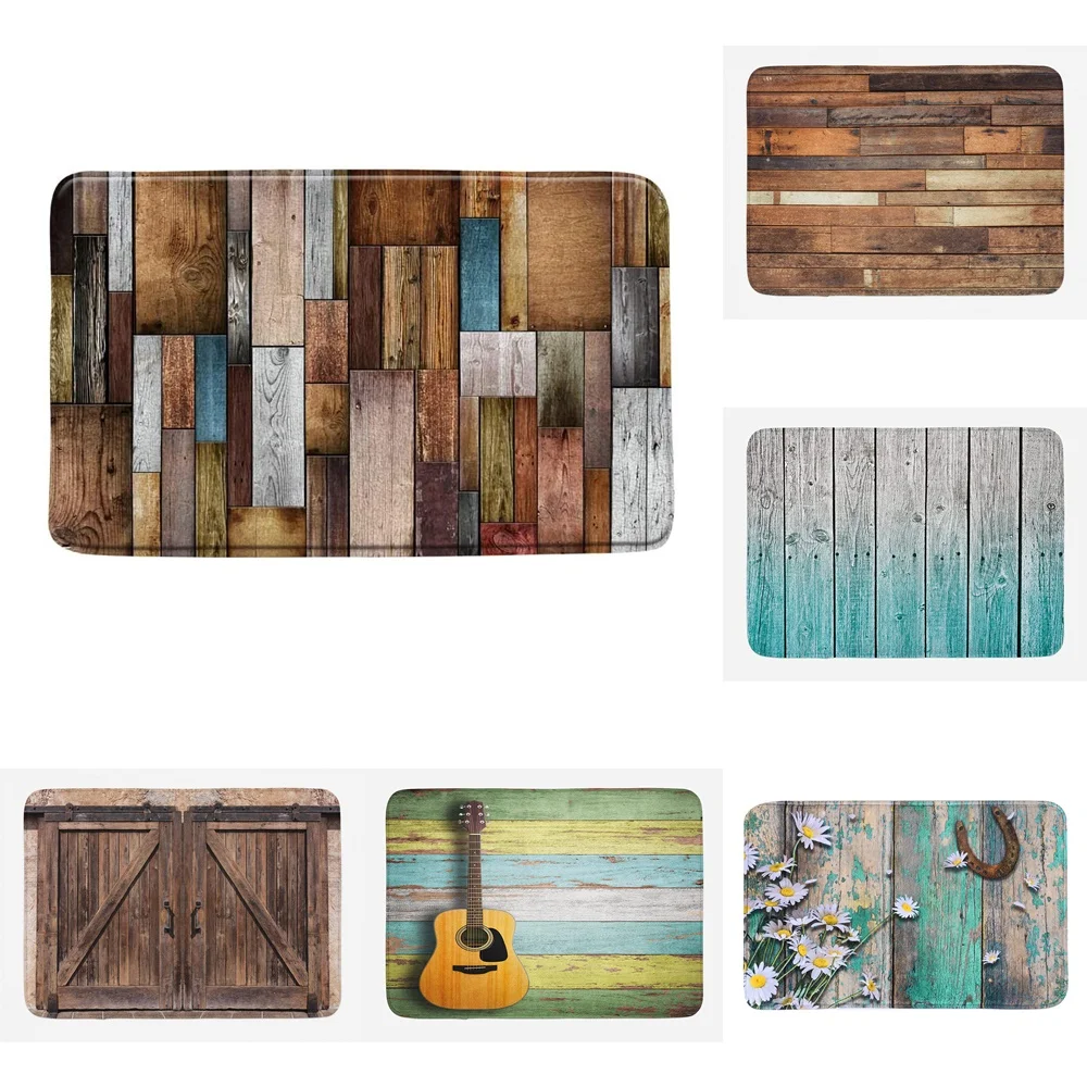 

Rustic Barn Door Bath Mats Vintage Teal Gray Brown Farmhouse Carpet Wooden Board Plank Farm Bathroom Doormat Kitchen Floor Rugs