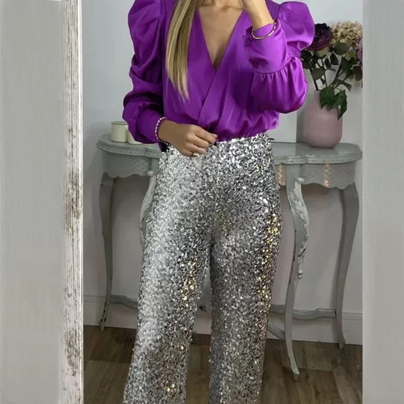 BKLD вечерние Блестящие брюки повседневные облегающие эластичные однотонные