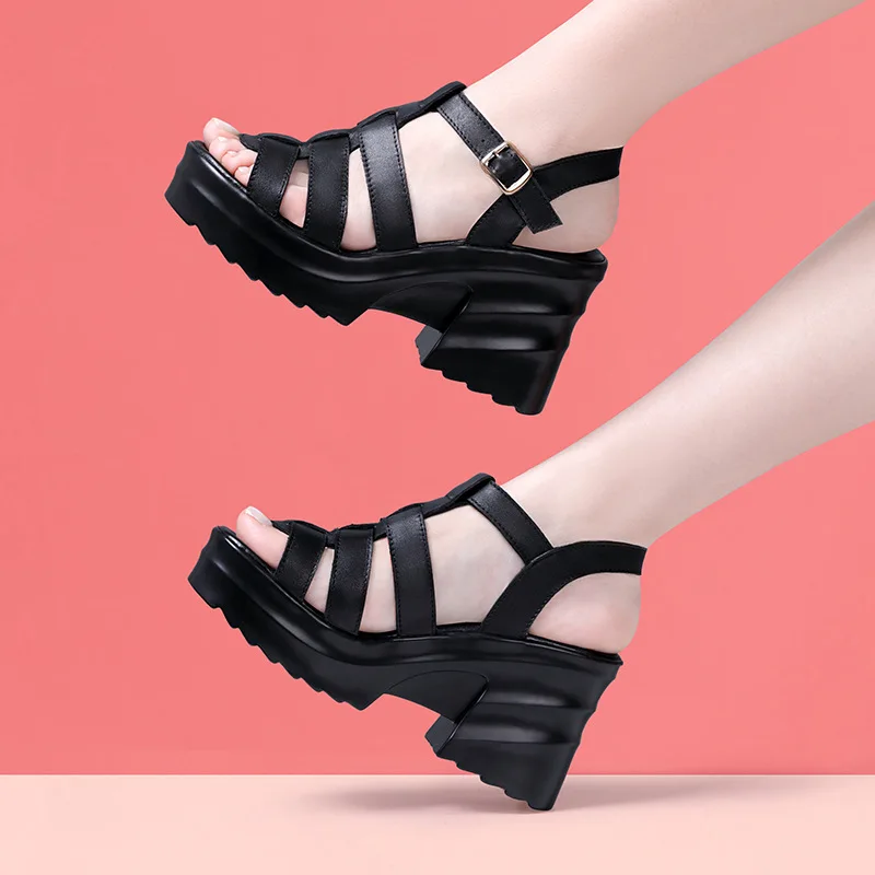 CICIYANG Women Gladiator Sandals 2023 New Chunky Ladies Summer Shoes High Heel Roman Sandal Handmade Casual Black Leather Sandal