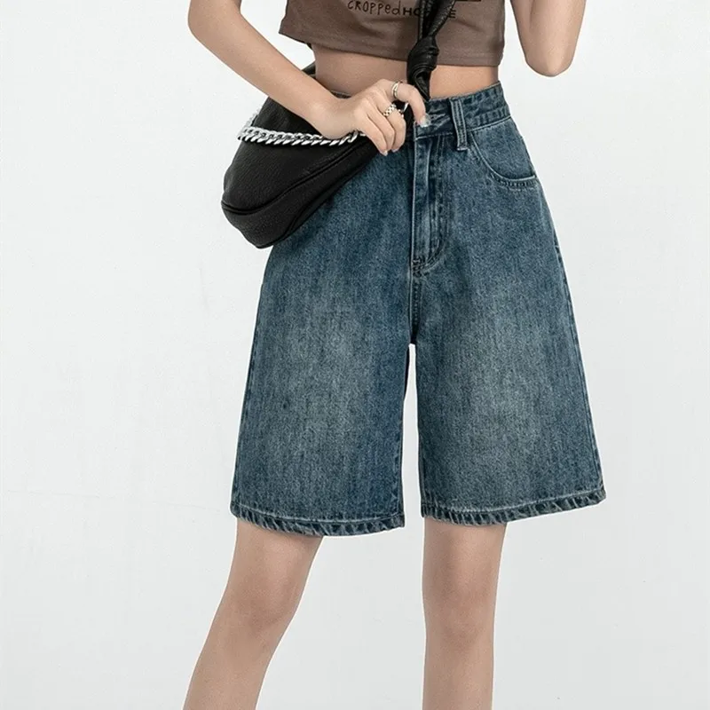

High Waist Blue Knee-Lenght Denim Shorts Jielur New Woman Wide Legs Casual Female Loose Fit Jeans Vintage Ladies Bermuda Shorts