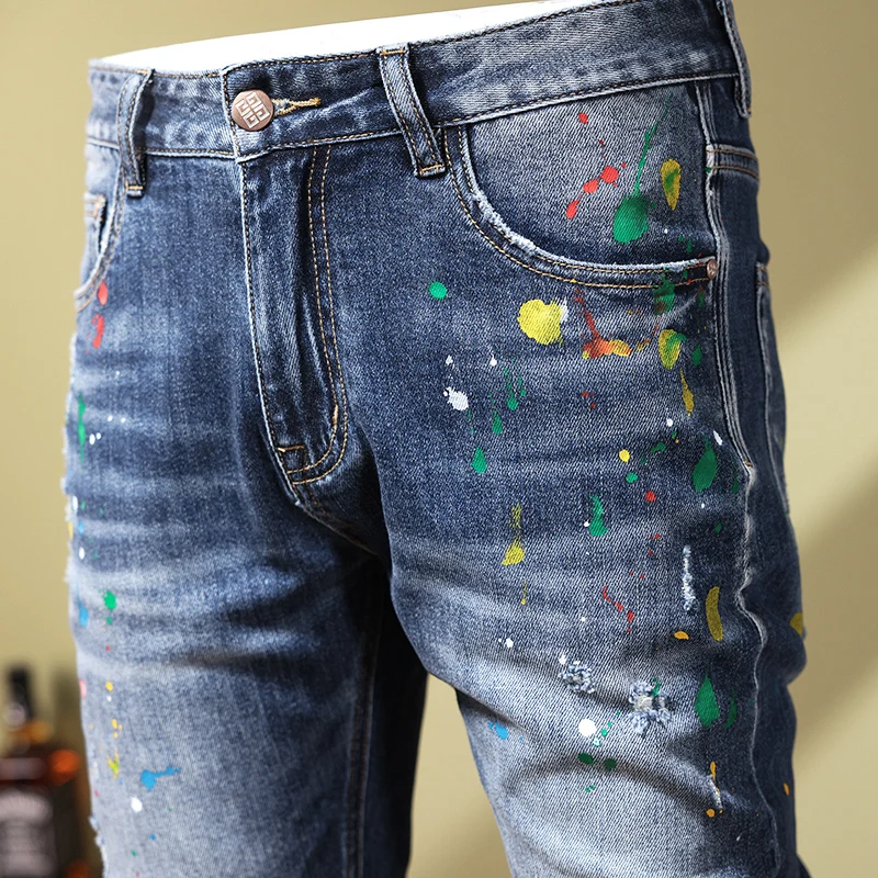 Streetwear Fashion Men Jeans Retro Blue Elastic Stretch Skinny Ripped Jeans Men Painted Designer Hip Hop Stretch Pants Hombre