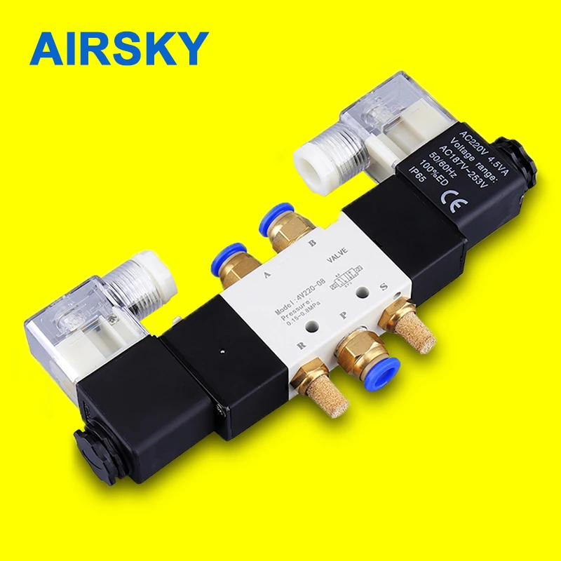 

4V220-08 Solenoid Valve 5 Way 2 Position 1/4" Air Pneumatic Control Valve Double Coil DC12V 24V AC220V 110V With PC Fitting
