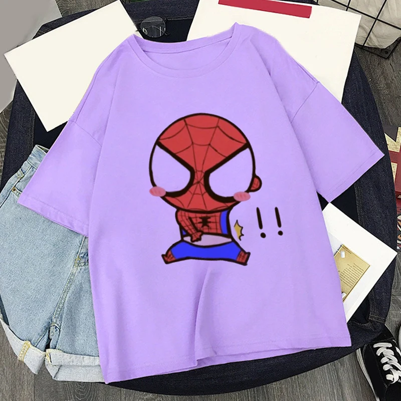 Spiderman Kawaii Print T-shirt Women Tee Harajuku Aesthetics Purple Tops Kpop Tshirt 2022 New Summer Fashion Y2k Female T Shirt