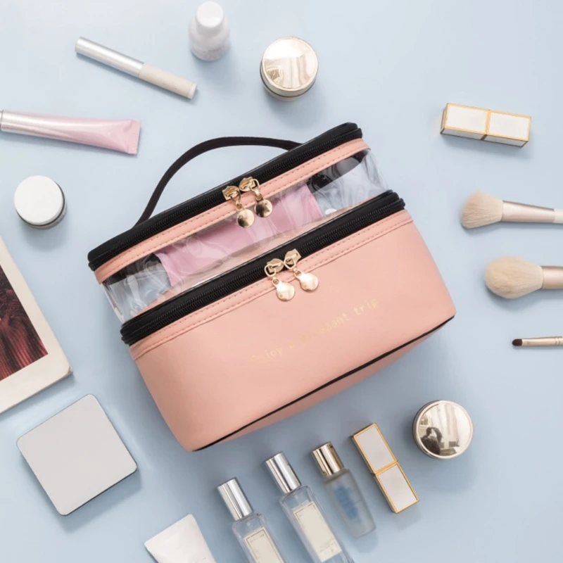 

Double Layer Portable PU Leather Makeup Bags Multifunctional Storage Pouch for Women Large Travel Toiletry Cosmetic Bags