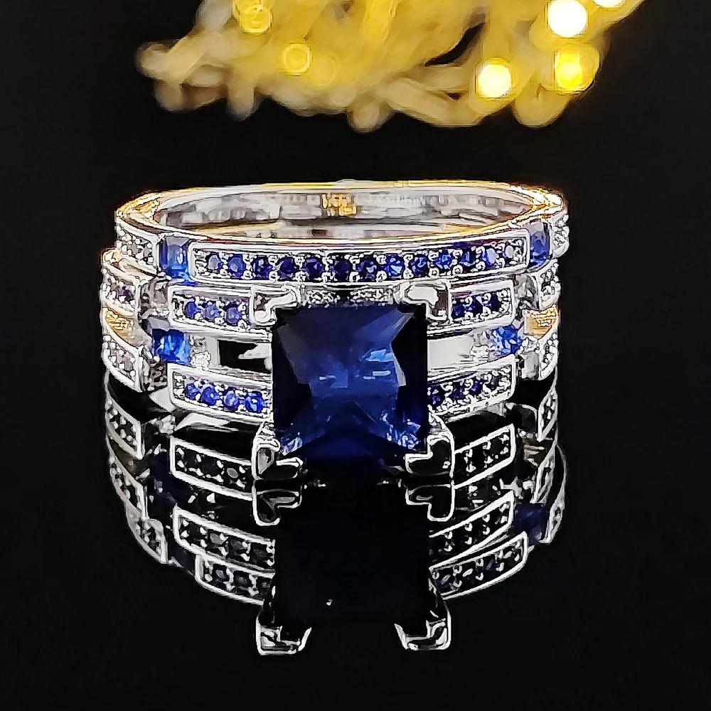 

2022 New Luxury Blue Color Princess silver color bride Wedding Ring Set For Women Lady Anniversary Gift Jewelry Bulk Sell R5862