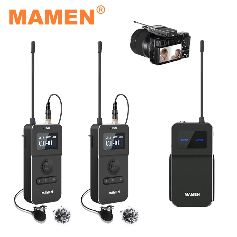 Профессиональный беспроводной петличный микрофон MAMEN UHF, набор с передатчиком и приемником, со встроенным аккумулятором 100 м, для камер и телефонов
