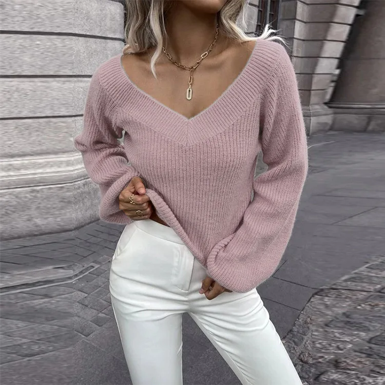 

2023 Autumn Knitted Women's Sweater Black V-neck Long Sleeve Winter Warm Sweaters Female Fashion Elegant Casual Loose Ladies Pul