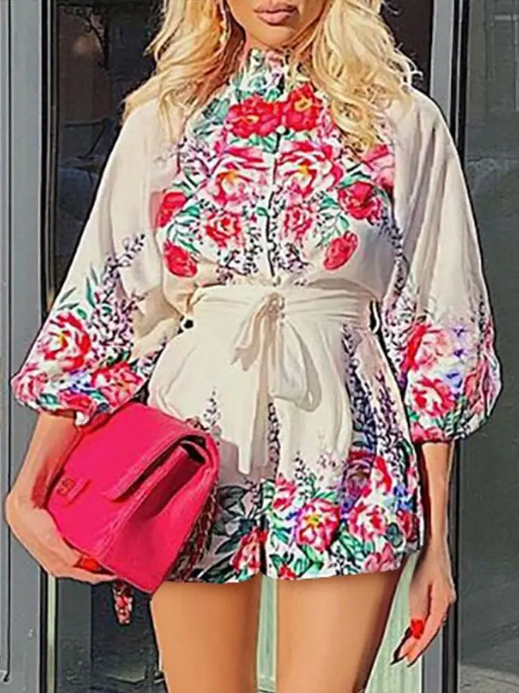 

Shein Romwe Set Of Two Fashion Pieces For Women Lantern Sleeve Floral Print Buttoned Top & Shorts Set With Belt Urban Casual Set