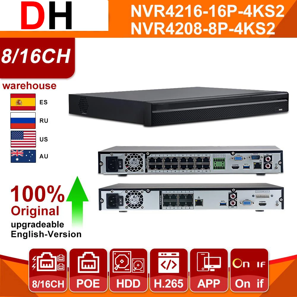 

DH NVR 8CH 16CH NVR4208-8P-4KS2 NVR4216-16P-4KS2 PoE 4K H.265+ CCTV Security Surveillance System Network Video Recorder