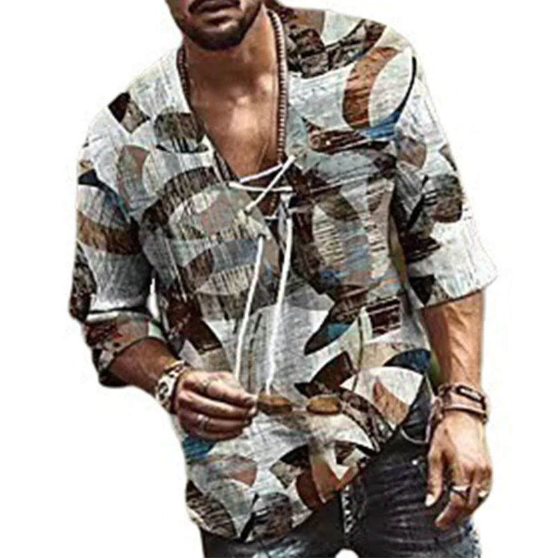 

2022 Летняя Пляжная Повседневная футболка с коротким рукавом, топы, Мужская футболка, винтажные Топы P[rint, пуловер с V-образным вырезом, на шнур...