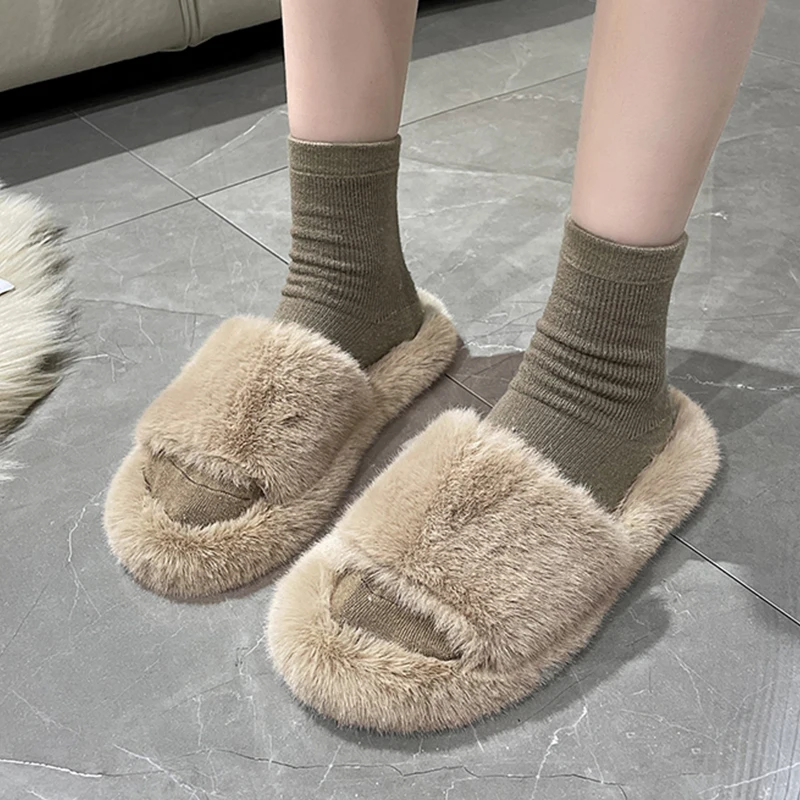 

Winter Women Slippers Fur Flats Cotton Shoes Casual Mules Short Plush Boots 2022 New Luxury Fashion Slingback Women Flip-flops
