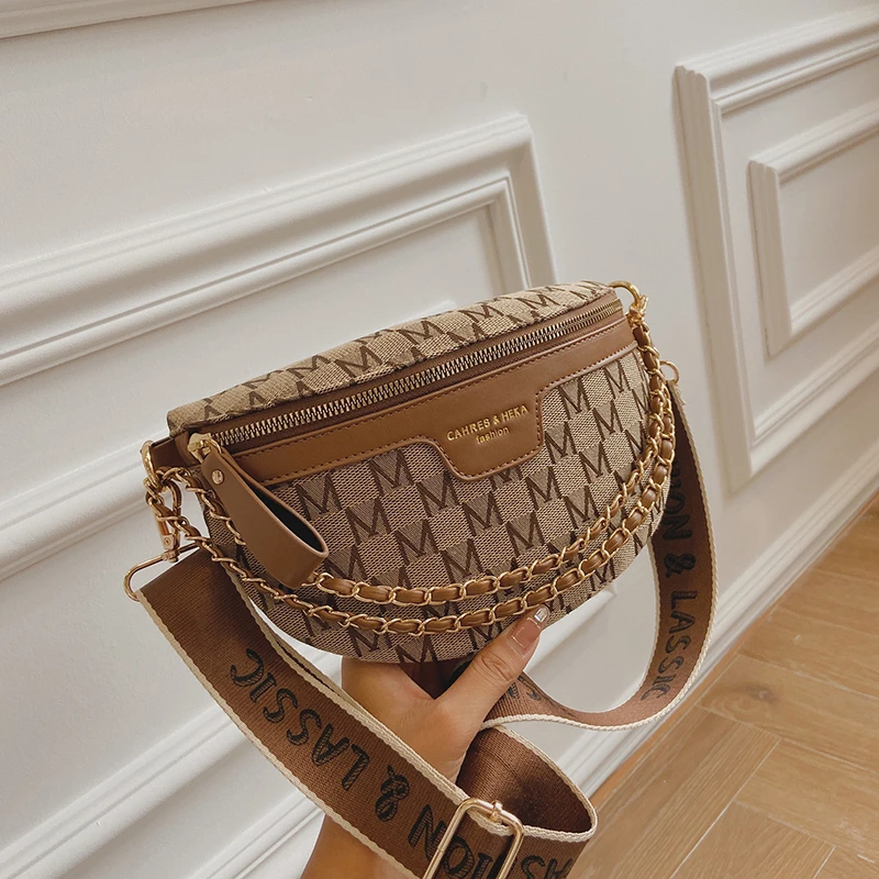 

Printed Letter Plaid Pattern Fanny Packs For Women bags Chain Waist Bag Female Waist Pack Ladies Wide Strap Crossbody Bag Sac