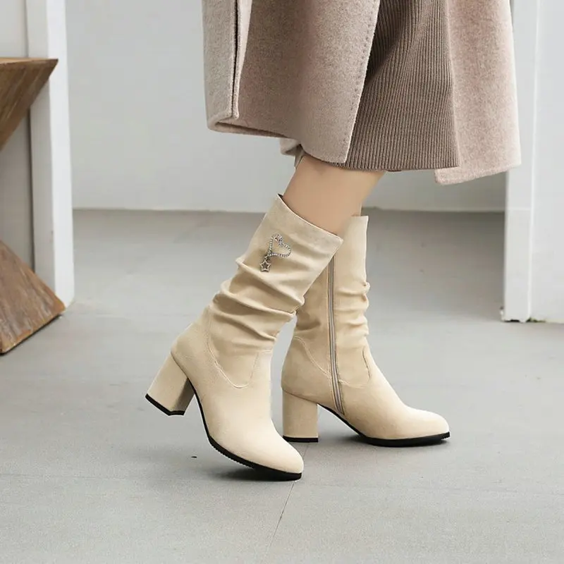 Женские Плиссированные сапоги QPLYXCO зеленые бежевые до середины икры из флока на