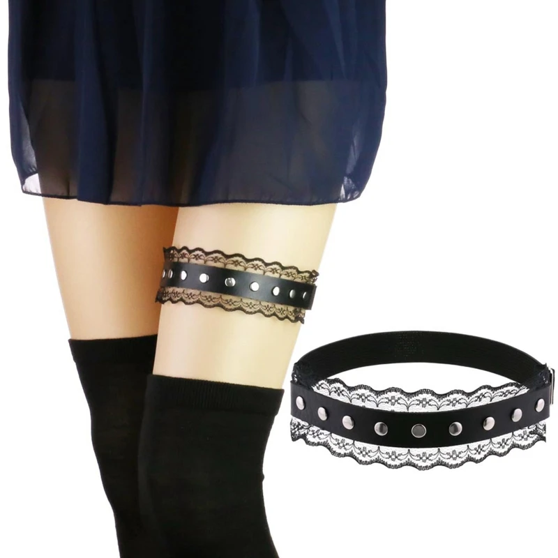 

Women Faux Leather Leg Harness Lace Patchwork Punk Studded Garters Thigh Ring DXAA