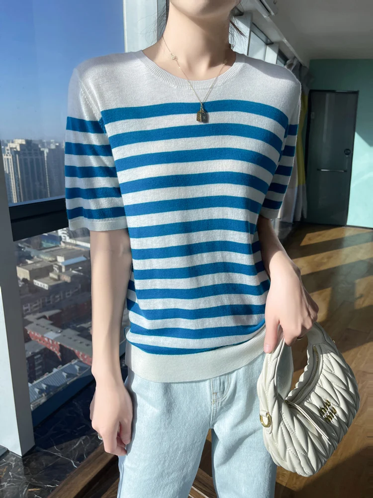 Полосатый цвет круглый вырез весна и лето новинка 80 шт. камвольная 00 из чистой