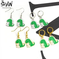 enamel animal cute green dinosaurs earrings for women vintage small charms huggies pendant drop earrings dangle handmade jewelry