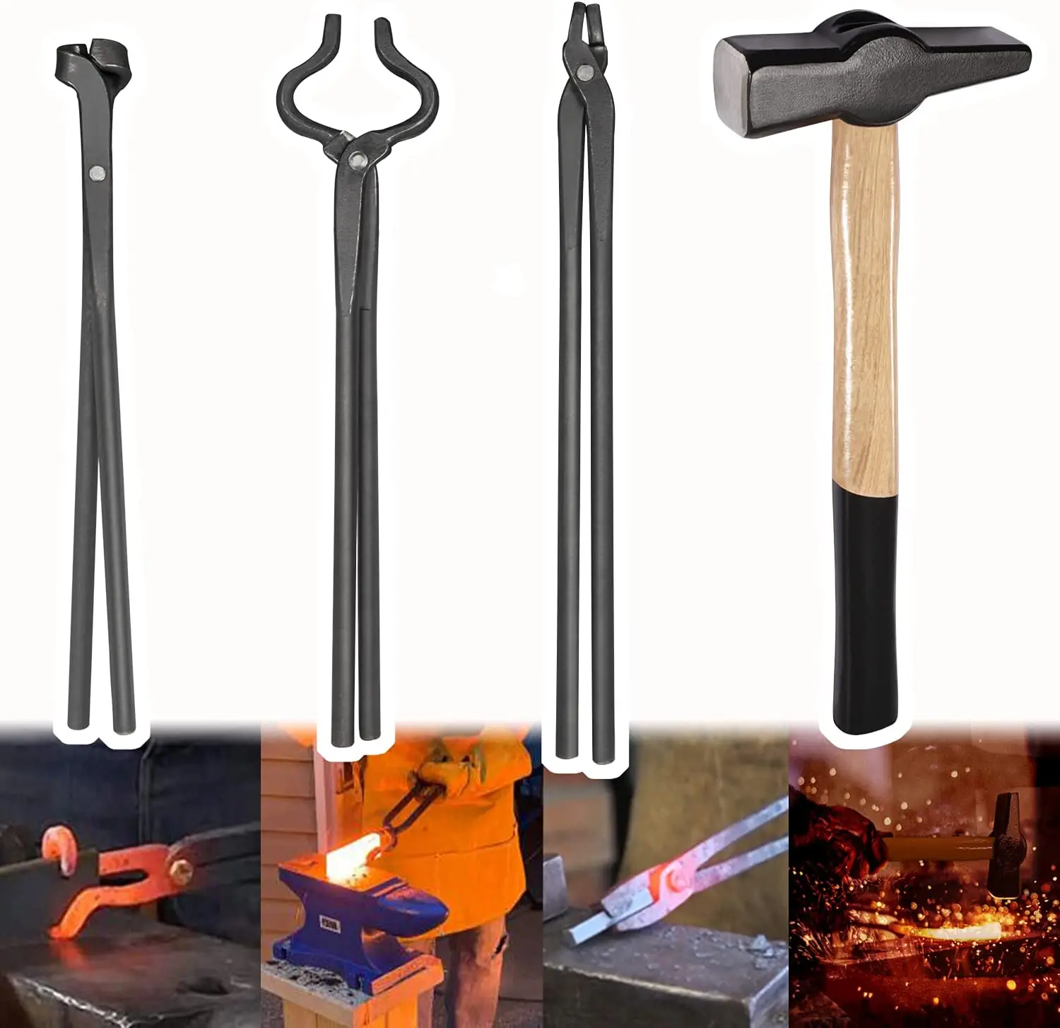 TM 4Pcs/set Knife Making Tongs Set and Blacksmiths’ Hammer Assembled Bladesmith Blacksmith Forge Tongs Tools Set Vise Tools