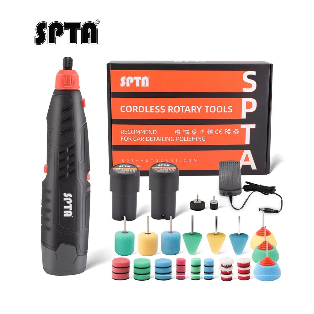 

SPTA 12 В Беспроводной роторный мини-полировщик автомобиля, автомобильная электрическая дрель, 5000-2000 об/мин, небольшой буферный полировщик, набор пенопластовых подушечек для полировки