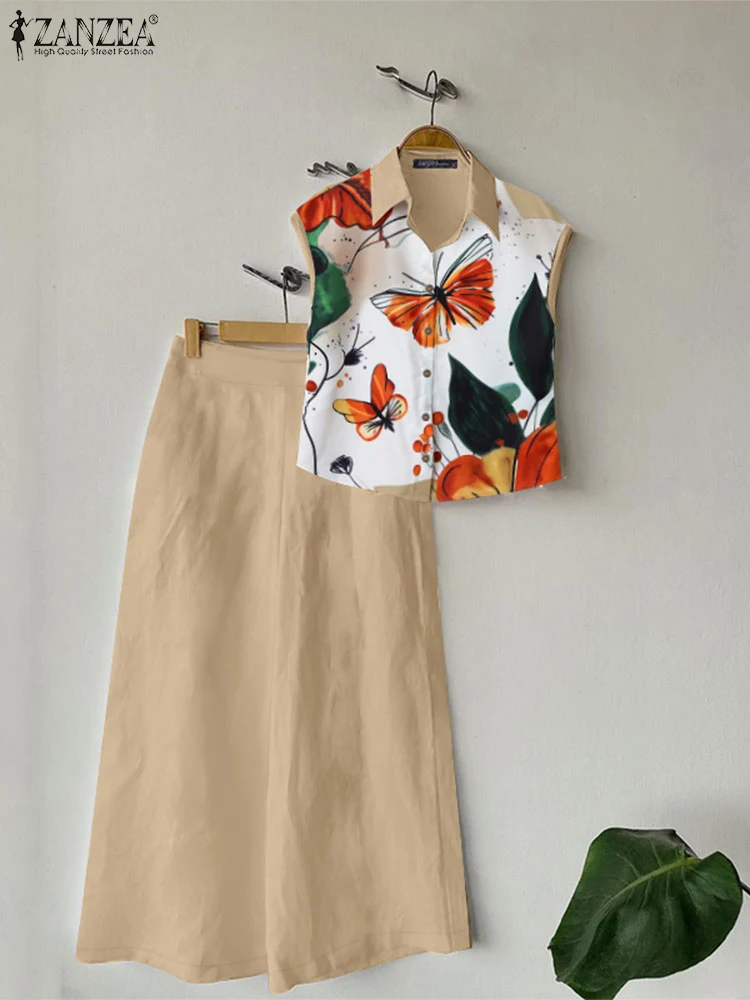 ZANZEA женские летние костюмы 2024 широкие брюки с принтом топ короткими рукавами
