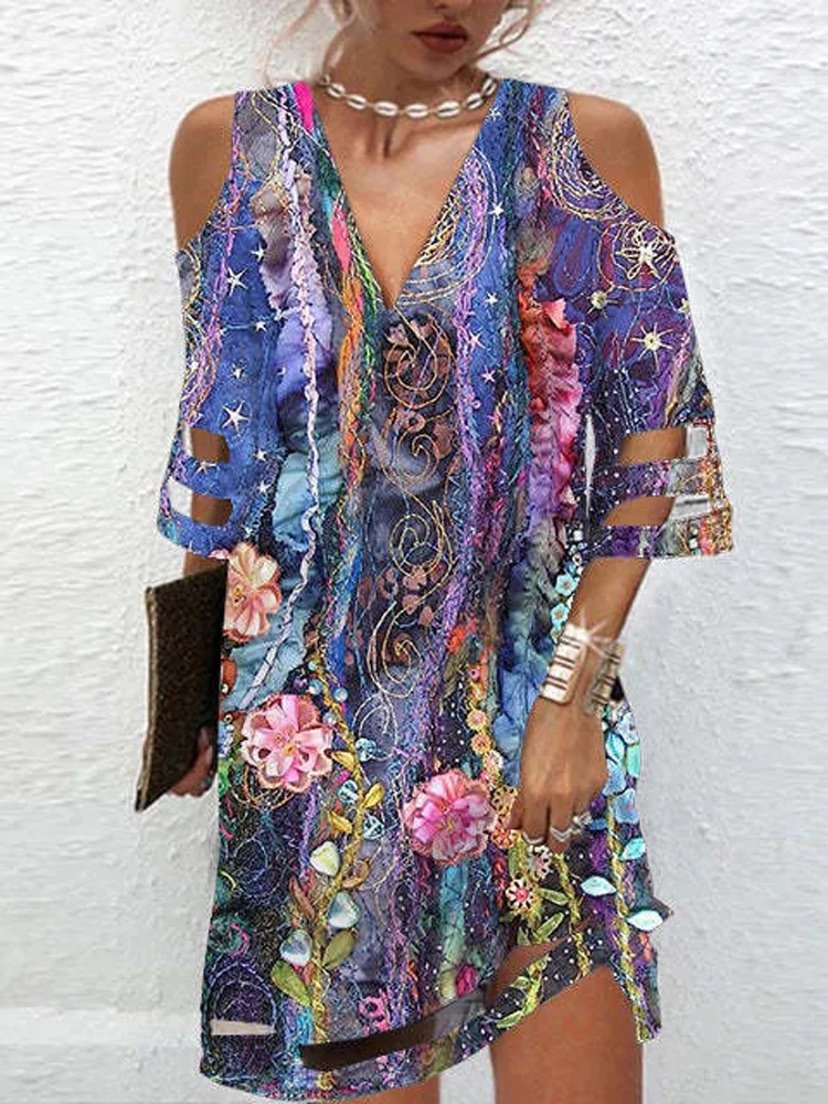 

Sundress Bell Sleeve Casual Dress Women Paisley Print Vintage Floral Summer Loose Short Dress Dresses Beach Vacation Vestido