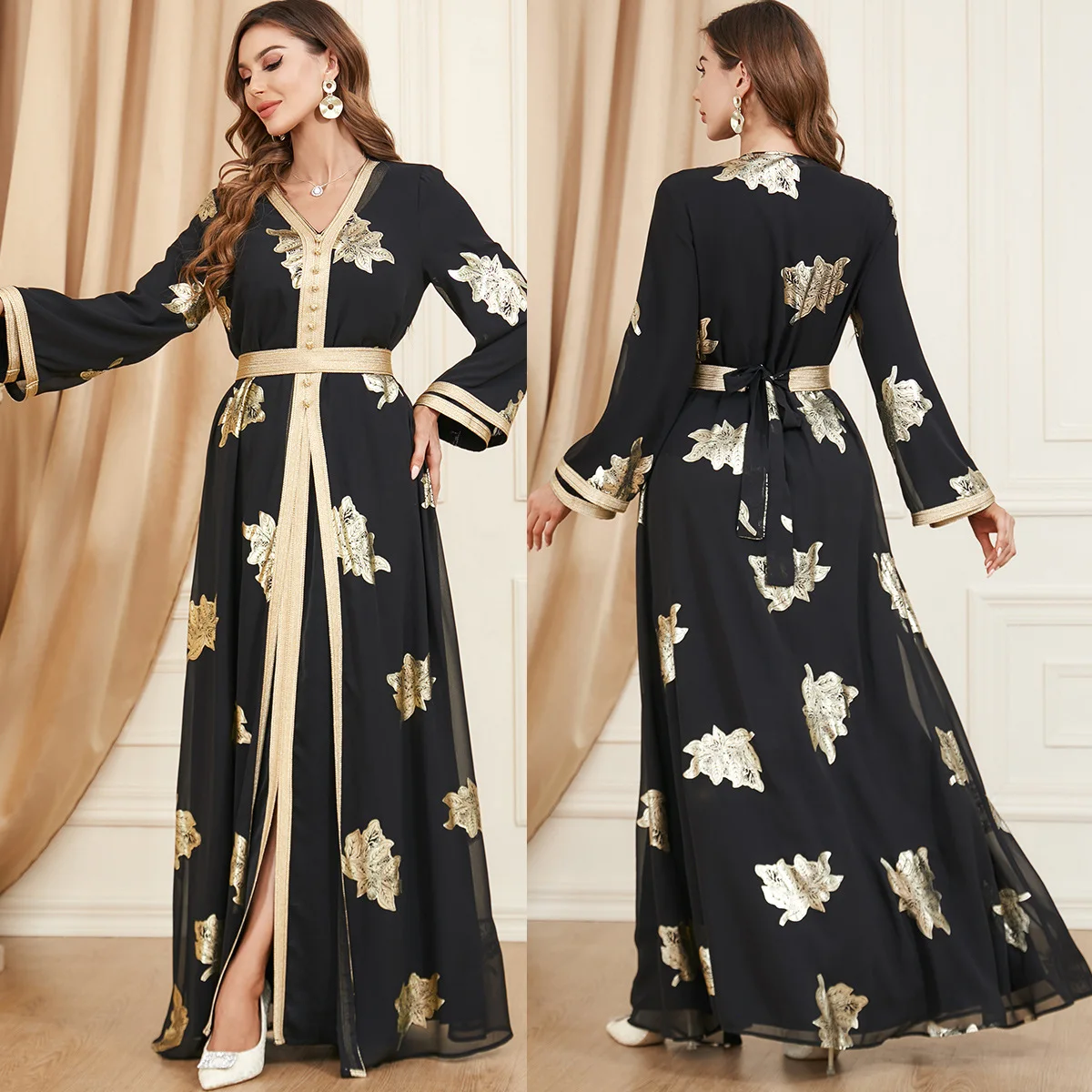 Women Abaya Femme Musulman Beadings Long Sleeve Moroccan Kaftan 2 Piece Dubai Gulf Jalabiya Sets Arabic Evening Dresses Outfits