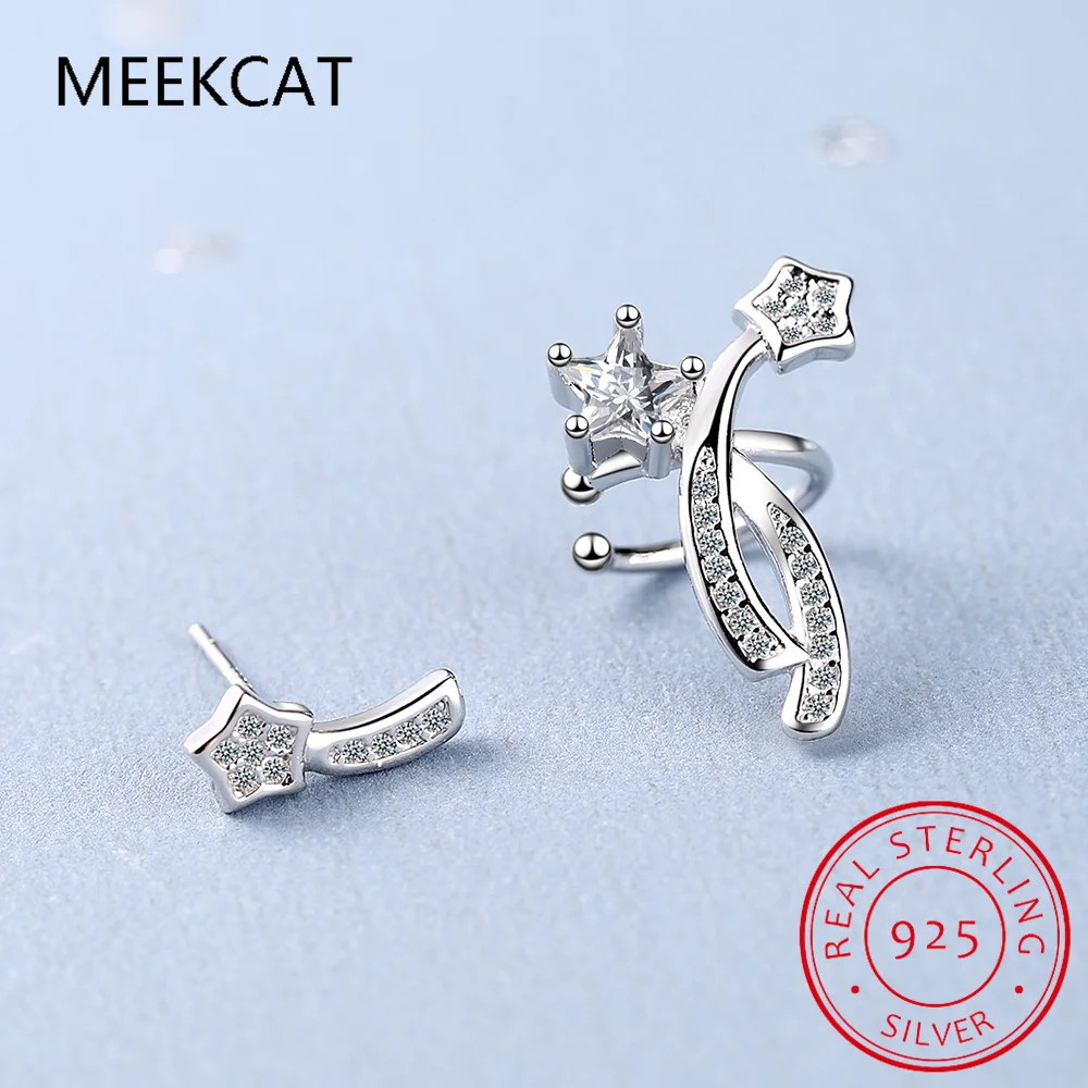 Real 925 Sterling Silver Sweet Asymmetric Star Shine CZ Stud Earring Boucle d'oreille For Women Wedding Fine Jewelry DA3019