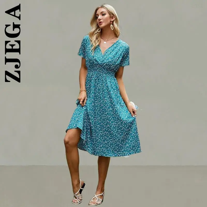 

Zjega Dress Fashion Women Chic Dresses Floral Print V-neck Short-sleeved A-line Beach Long Dress Basic Elegant Female Clothing
