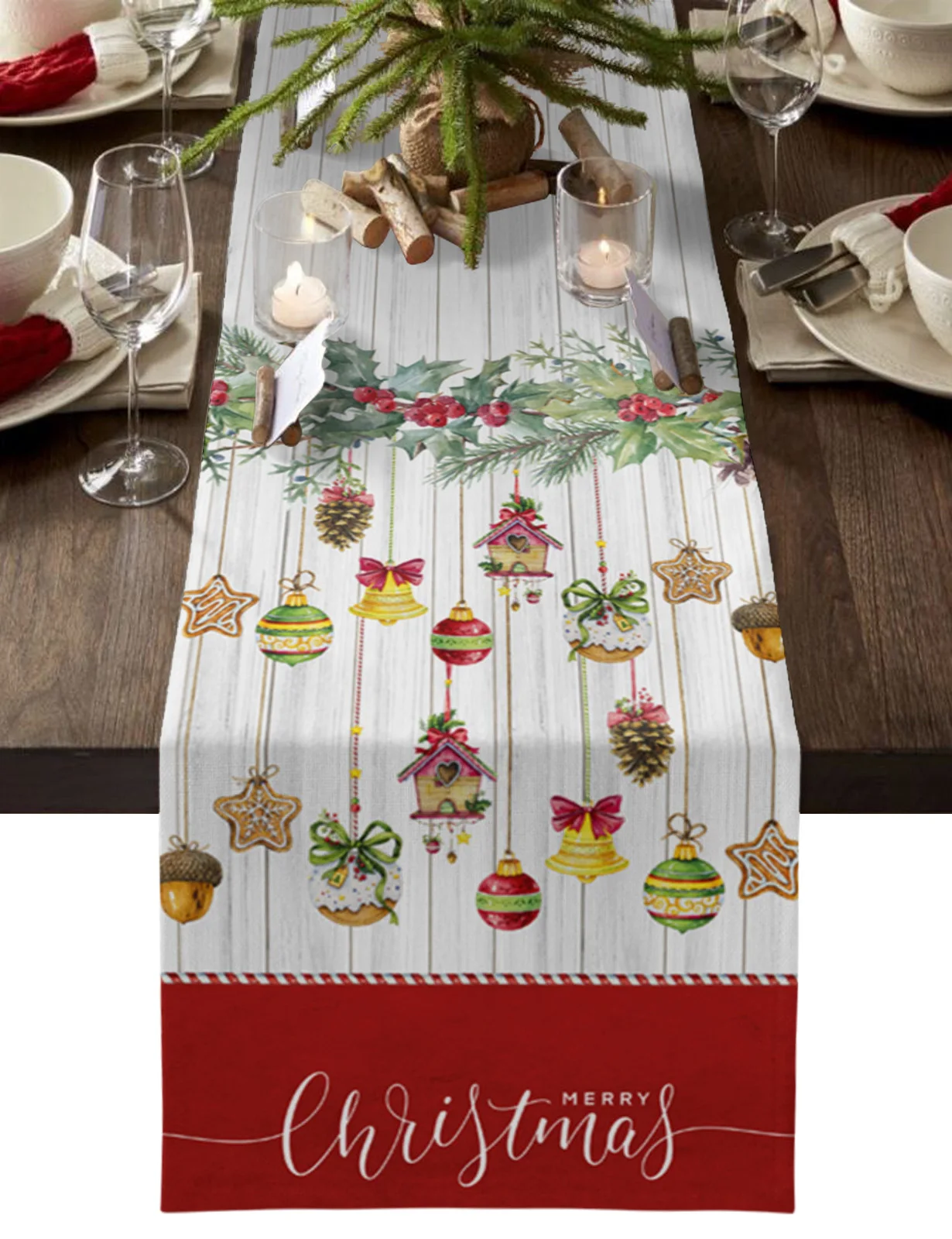 

Christmas Pine Needles Lanterns Wood Grain Table Runner Wedding Decor Table Runner Christmas Home Dining Table Decor Tablecloth
