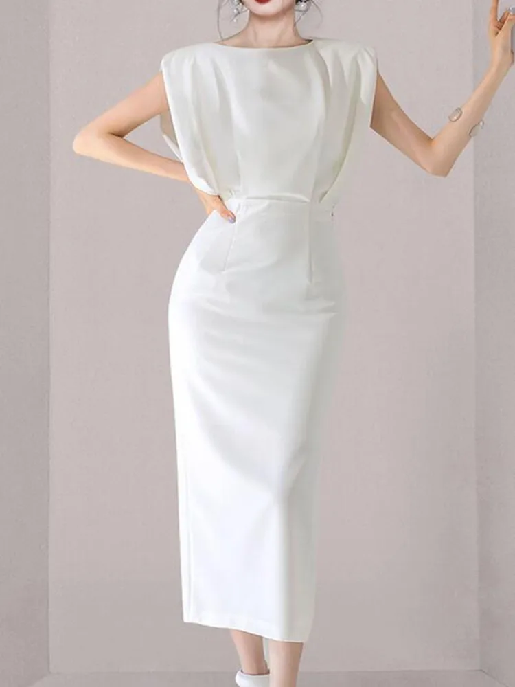 

SMTHMA 2022 Summer Women Satin Strap Midi Sleeveless Split Dress Ruched Backless Bodycon Sexy Party Elegant Club Slim Clothes