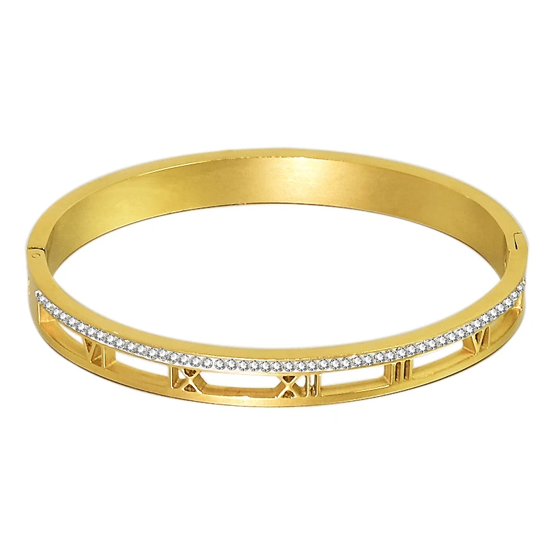 

Bracelets For Teen Girls Trendy Charm Hollow Out Roman Numeral Bangle Diamond Crystal Gold Color Decoration Wholesale Jewelry