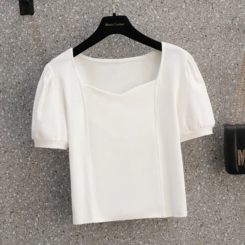 Женская Однотонная футболка с коротким рукавом и V-образным вырезом - Цена: 1702