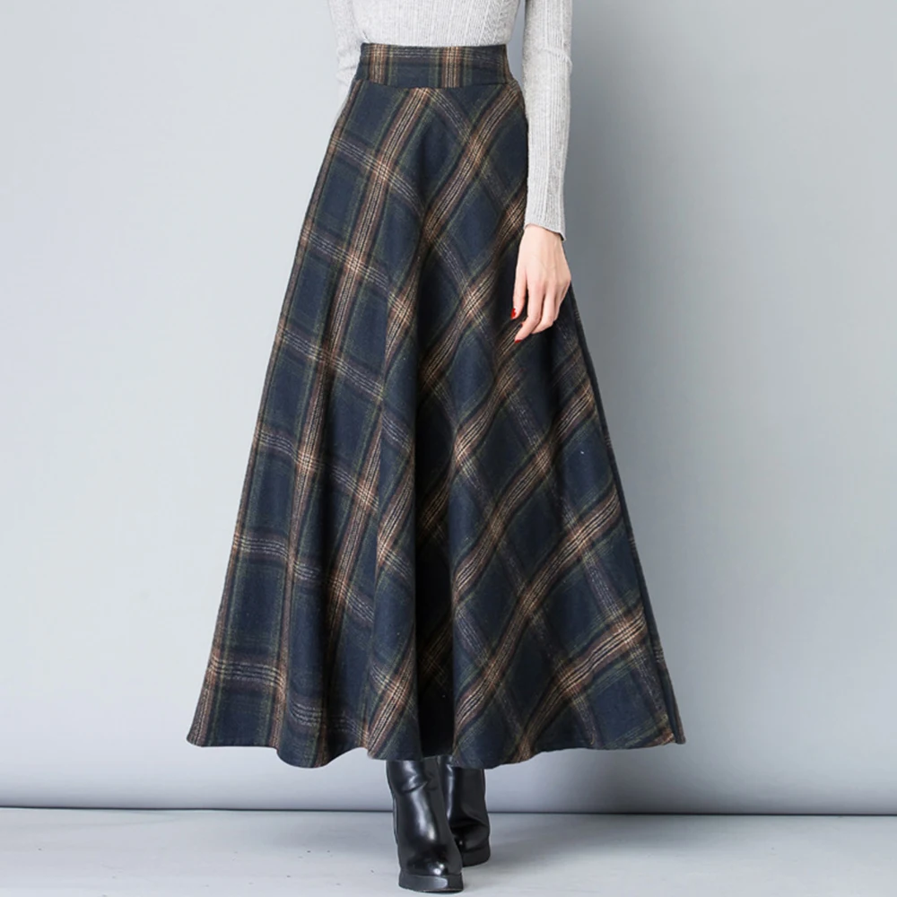 

Wool Long Skirt High Waist Retro Temperament Versatile Checkered Skirt Japanese A-line Skirt New Style In Autumn And Winter