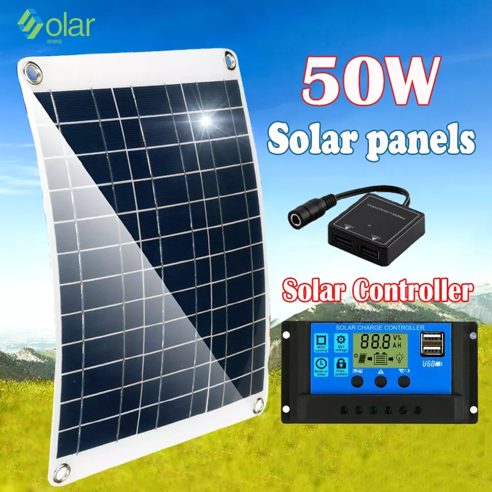 

NEW 50W Solar Panel Kit Portable Battery Charger10A-100A Solar Controller Solar Panel Cells for Car Yacht RV 12V/5V Battery Cha