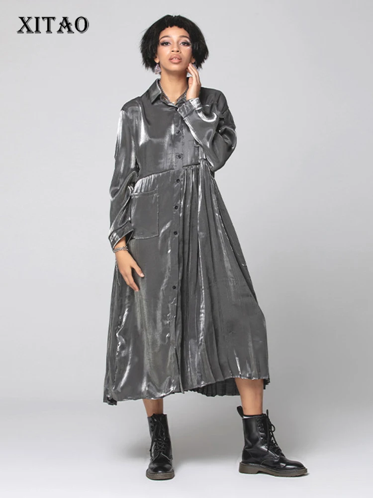 

XITAO/свободное однотонное платье в стиле пэчворк; Длинное однобортное модное платье 2022 года; Зимнее темпераментное платье; SMH1330