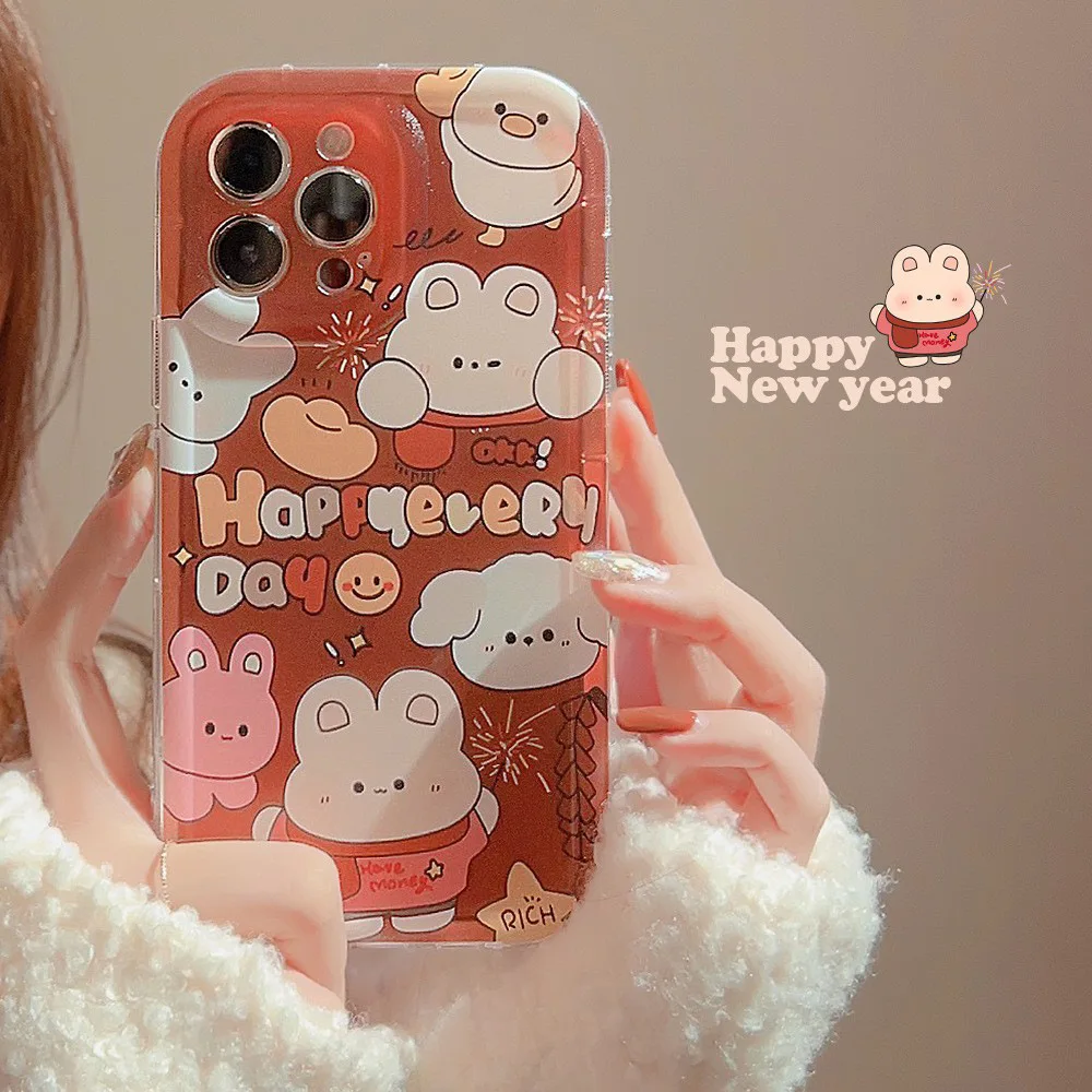 

2023 New Year Cartoon Rabbit Lucky Phone Case for iPhone 14 12 13 11 Pro ProMax Plus X XR Xsmax Shockproof Soft Phone Cover