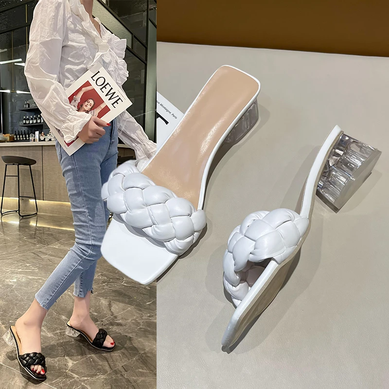 

2022 New Square Heel Slippers Women Rope Plaid Open Toe Women Outdoor Slippers Mujer Elegant Shoes Sandels for Women Summer 5CM