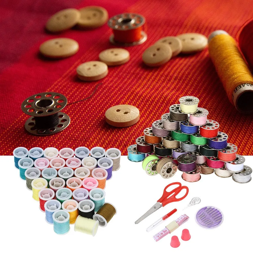 

Mixed Colors 32 Thread Bobbins + 32 Thread Spools Sewing Accessories Supplies Kit with Measuring Tape Sewing Needles Storage Cas