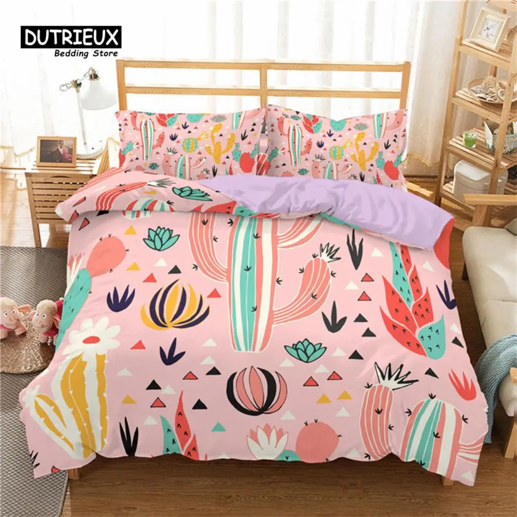 Cartoon Cactus Duvet Cover Tropical Botany Garden Plants 3D Print Bedding Set Succulents Pillowcase Microfiber Comforter