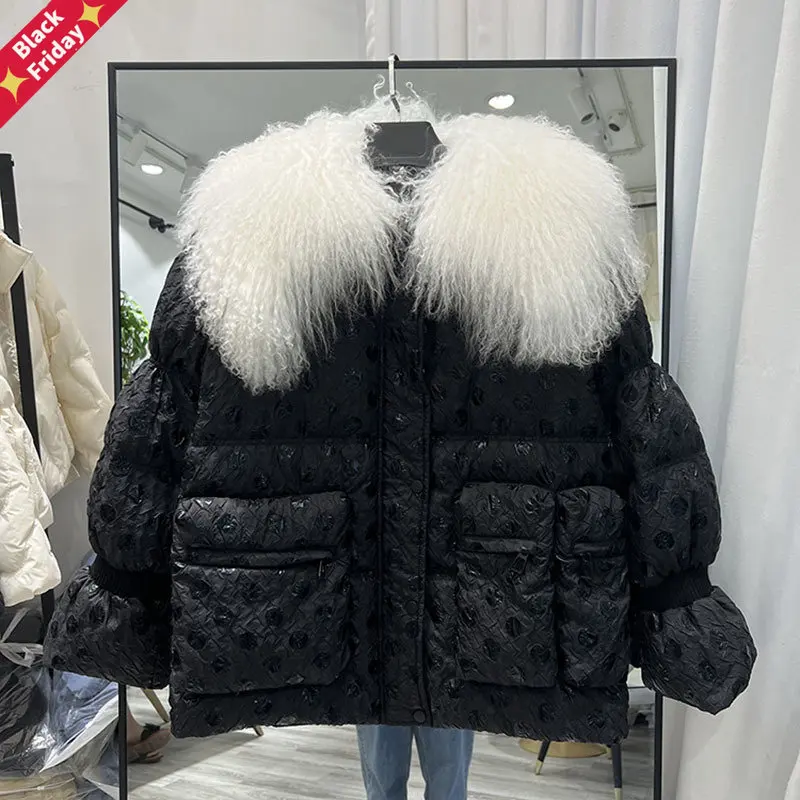 

Новинка 2023, глянцевая пуховая куртка, Женская Толстая модная Высококачественная Европейская парка с большим воротником из меха ягненка, Же...