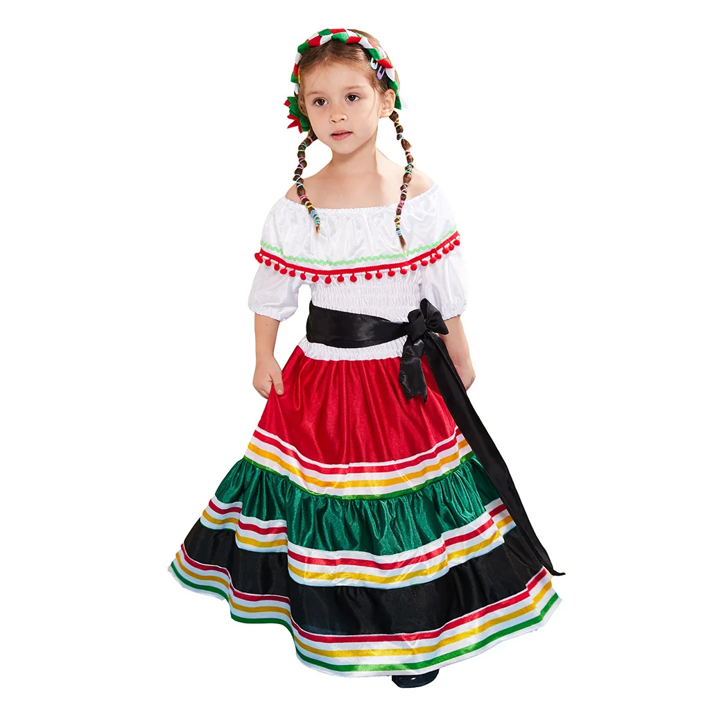 الفتيات التقليدية الشعبية المكسيكي فستان زي الاطفال هالوين المكسيك الطفل كرنفال حفلة عيد ميلاد يتوهم الفلامنكو تنورة رقص