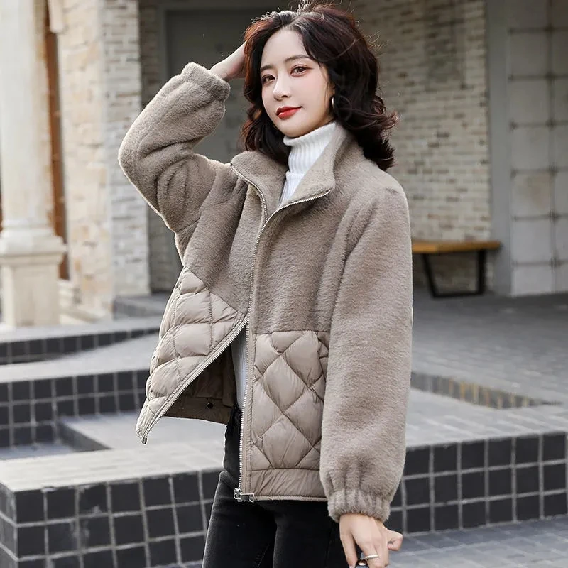 

2022 Winter New Korean Loose Stitching Lamb wool Jacket Fashion Stand collar Down cotton Short Warm Coat Casual Female Outwear