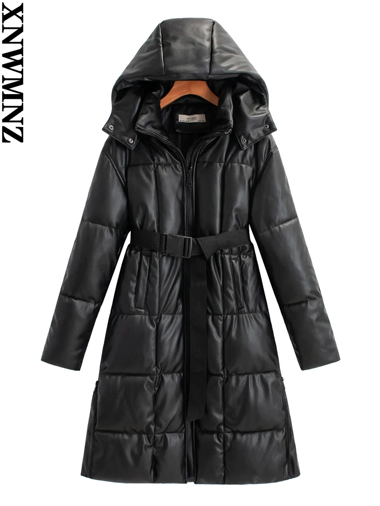 XNWMNZ woman Faux Leather Thermal Hooded Cotton long coat with belt women chic Windproof Warm Female High Quality winter Coats