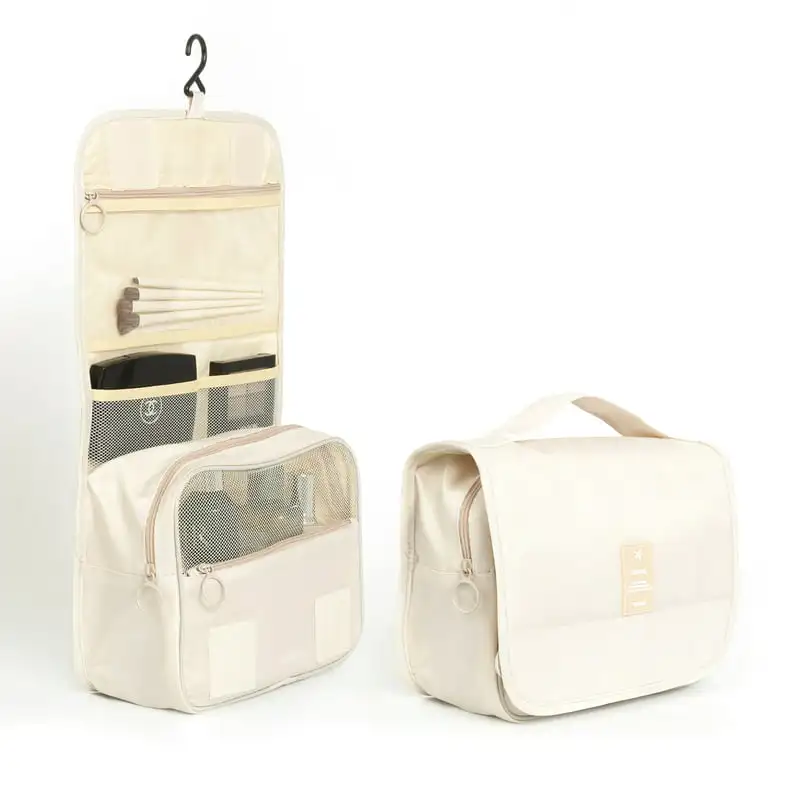 

Toiletry Bag with Hanging Hook, Portable Travel Makeup Pouch, Cosmetic Organizer for Women and Men, Beige
