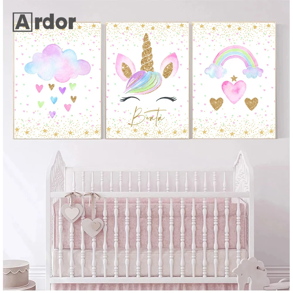 

Custom Name Poster Pink Cloud Rainbow Print Unicorn Nursery Art Canvas Painting Nordic Wall Pictures Baby Kids Girl Room Decor