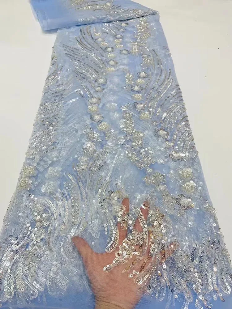

African Sequins Lace Fabric With Beads 2022 High Quality Heavy French Sequence Tulle Lace Nigerian Lace Fabric For Wedding Party