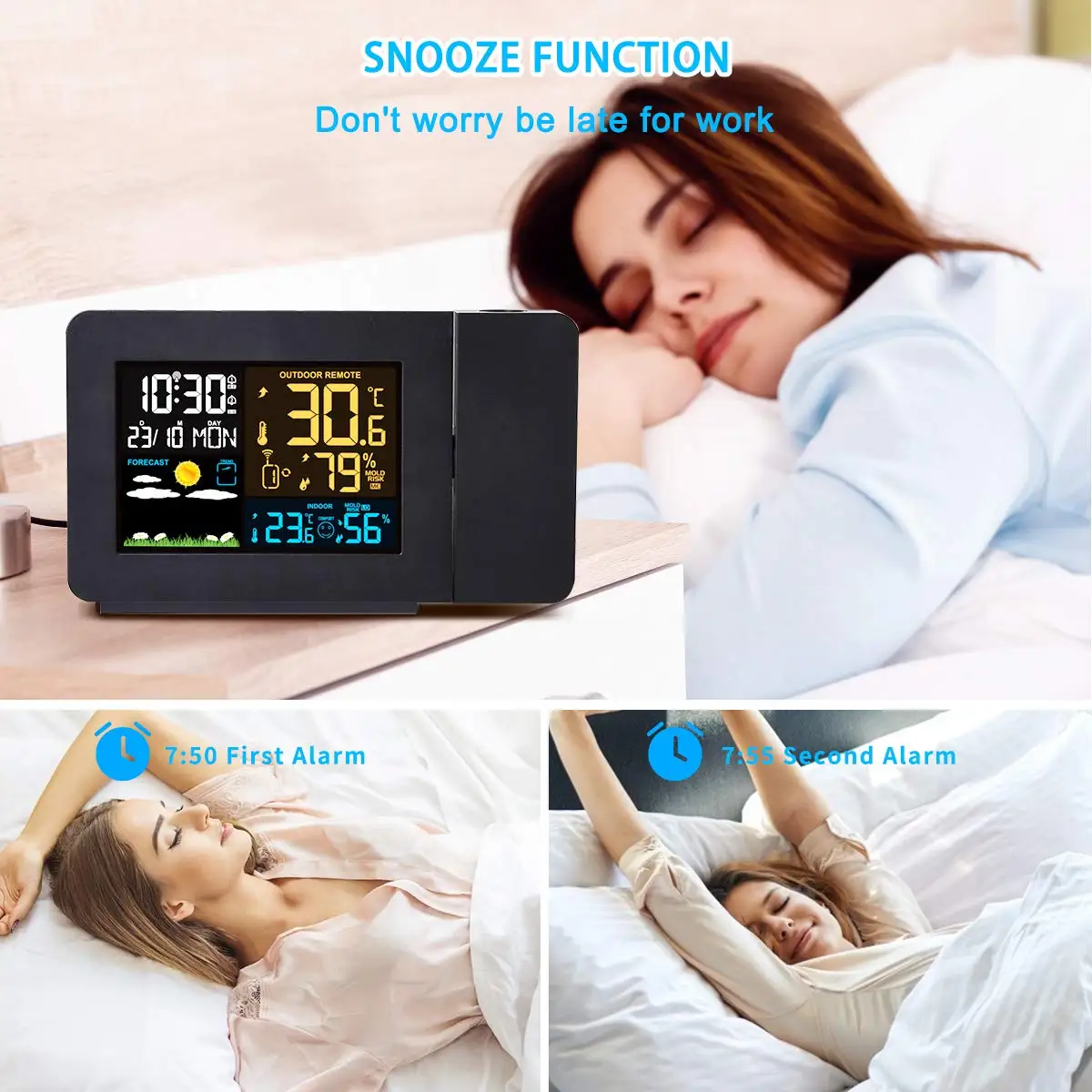 Alarm Clock Digital Projection with Weather Stations Wireless Thermometer Hygrometer Forecast Station Dual Clocks | Дом и сад